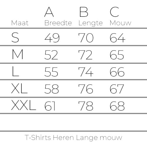 Maattabel T-Shirts Heren Lange mouw