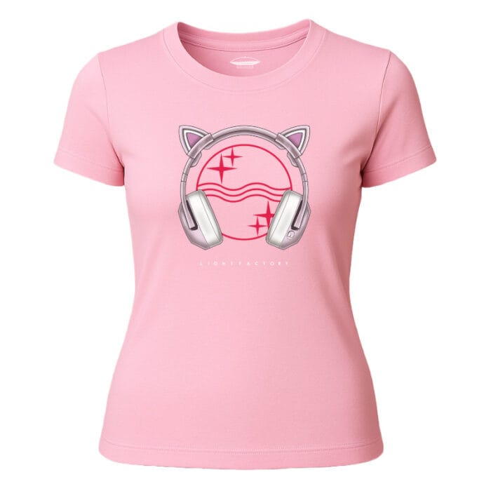 T-shirt Dames Headphone Kitty Lichtstadkunst - Afbeelding 3