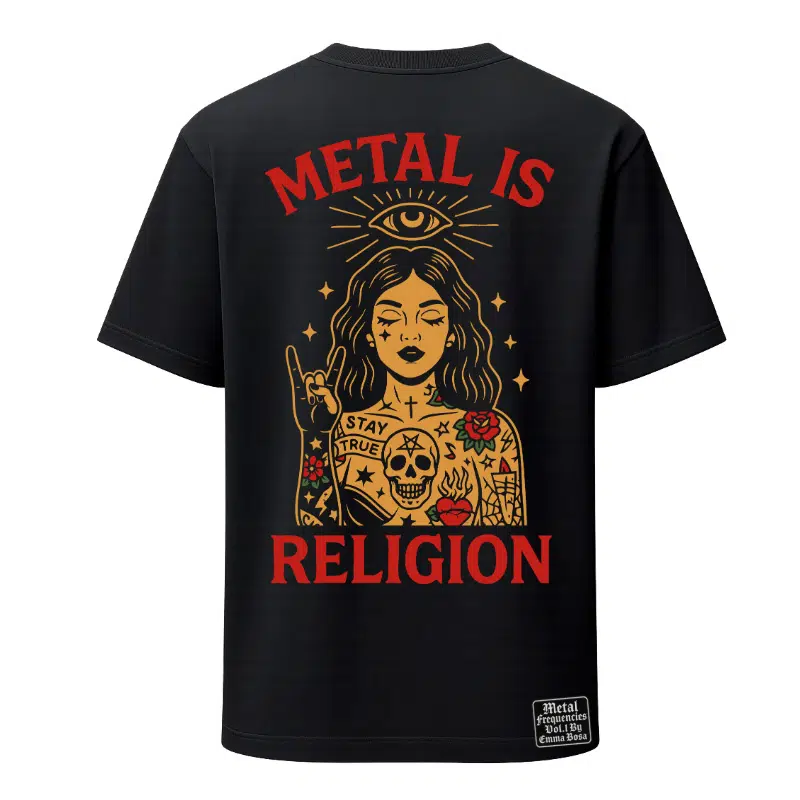 Metal is Religion Tattoo T-Shirt – Metal Frequencies – Loose Fit T-Shirt Metal is Religion Tattoo (detail 2)