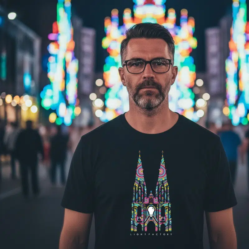 GLOW 2025 T-shirt – Lichtstadkunst – GLOW 2025 Sint Catharina kerk Eindhoven Heren (detail 3)