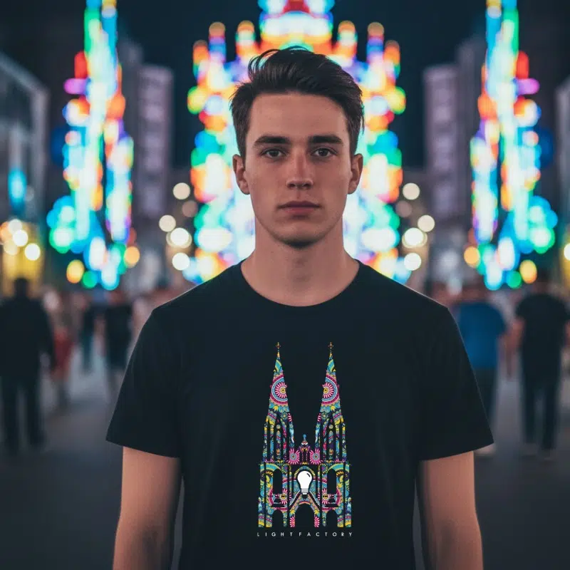 GLOW 2025 T-shirt – Lichtstadkunst – GLOW 2025 Sint Catharina kerk Eindhoven Heren (detail 2)